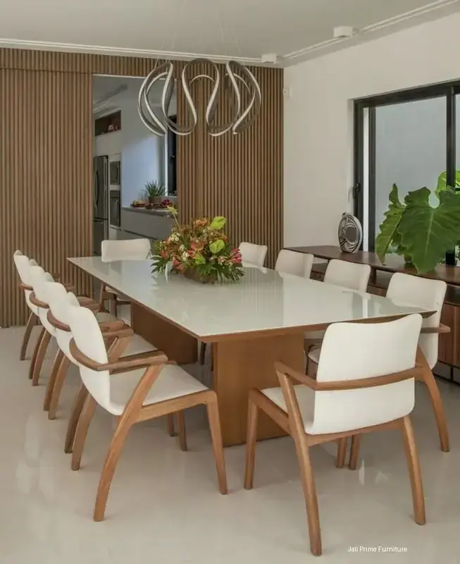 Meja Makan Jati Mewah , Set Meja Makan Kayu Jati Marmer